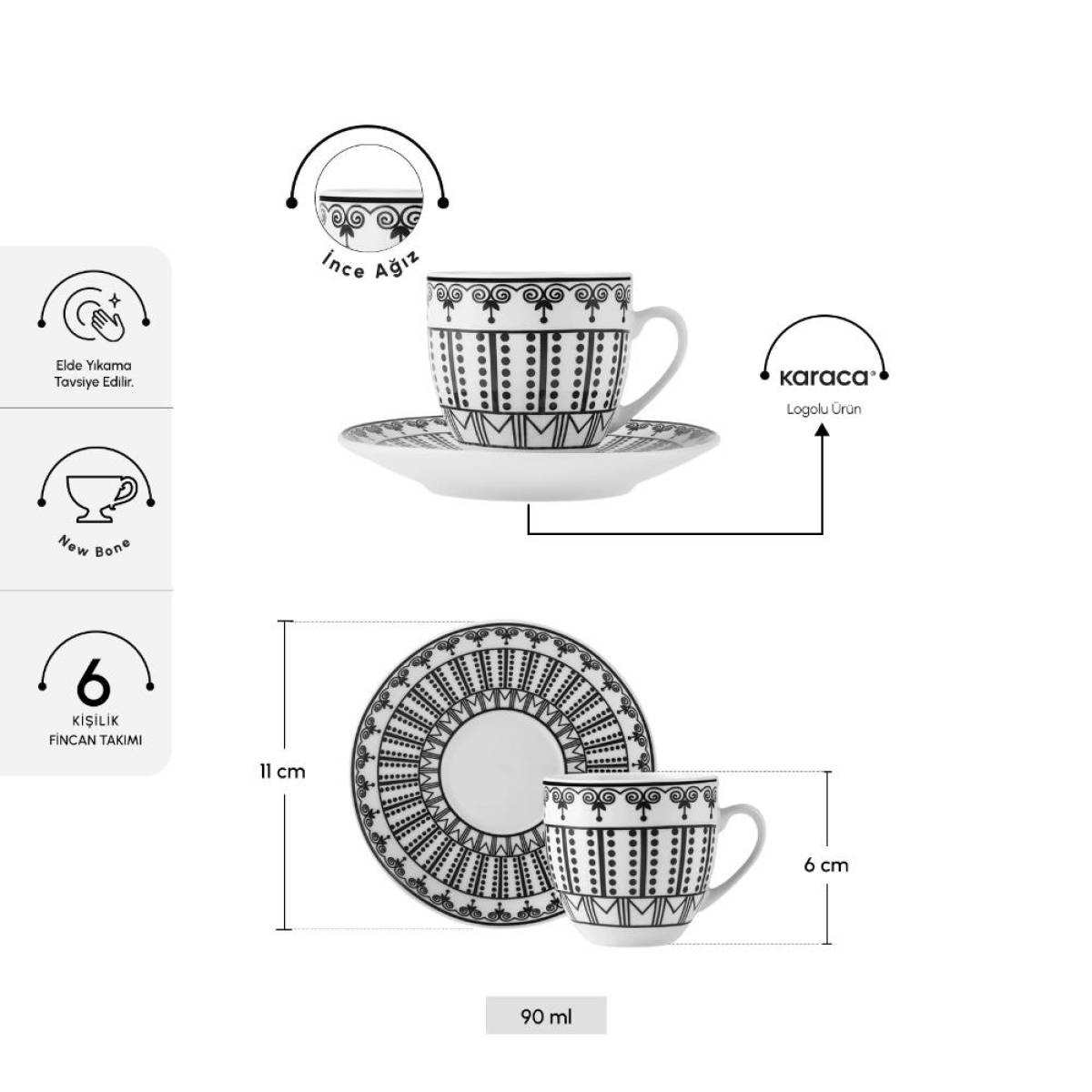 Karaca Altos 6-piece Coffee Cup Set With Metal Stand - 90 Ml | Bone Porcelain