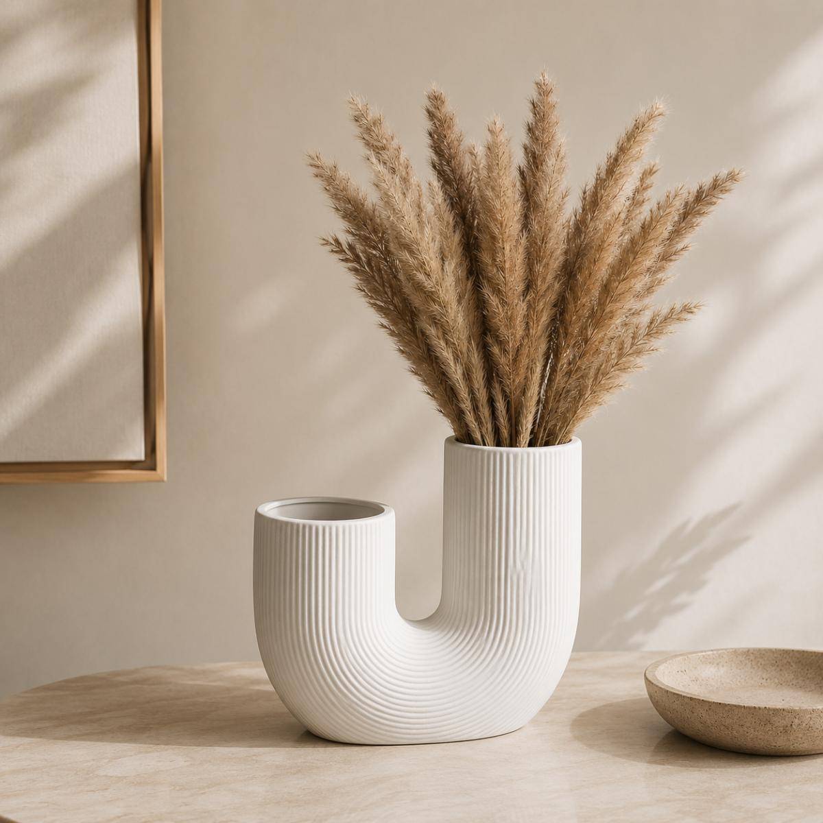 U-Shape White Ceramic Vase – Minimalist Modern Decorative Vase, SK874