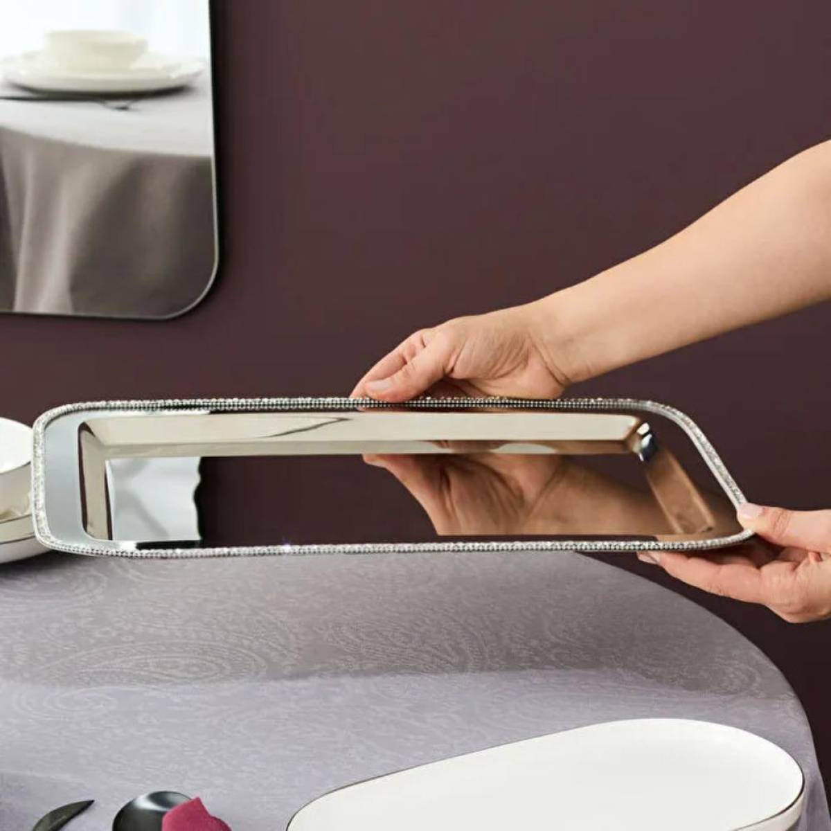 Karaca Home Majesty Luxury Silver Serving Tray - Stainless Steel With Crystal Beaded Detail