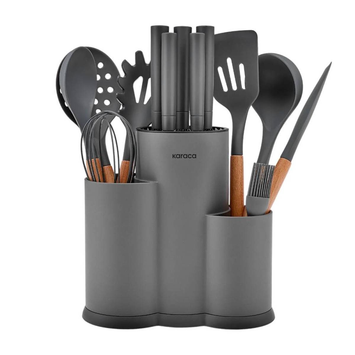 Karaca Burby 14-piece Knife And Serving Set - Grey | Soft Touch Block