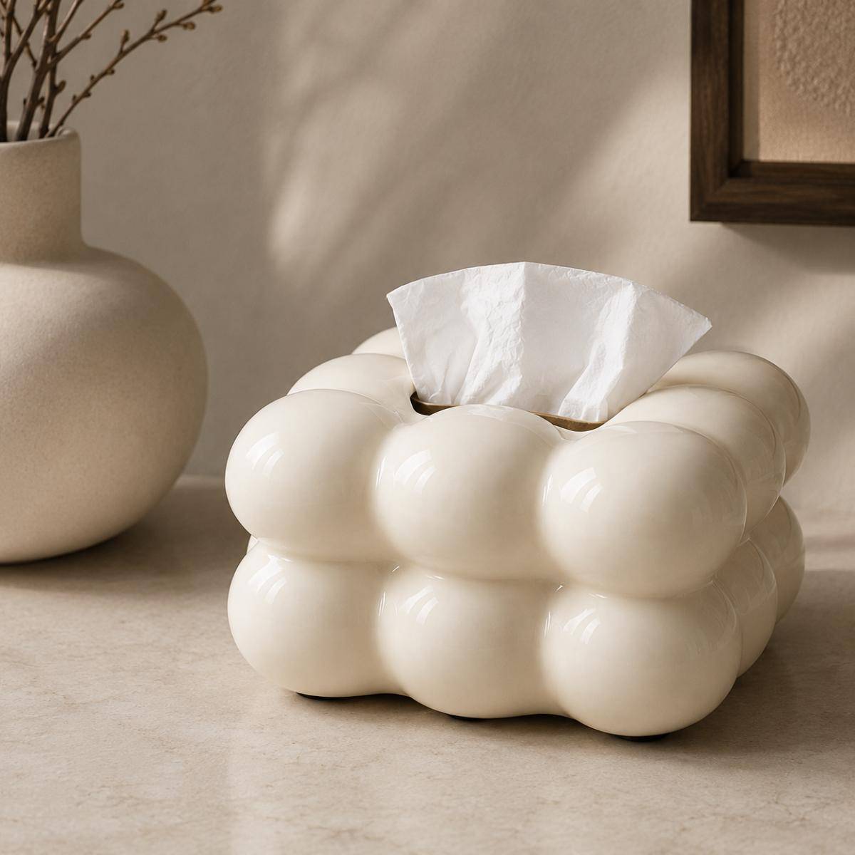 White Ceramic Tissue Box Cover – Refined Minimalist Decor Statement, SK867