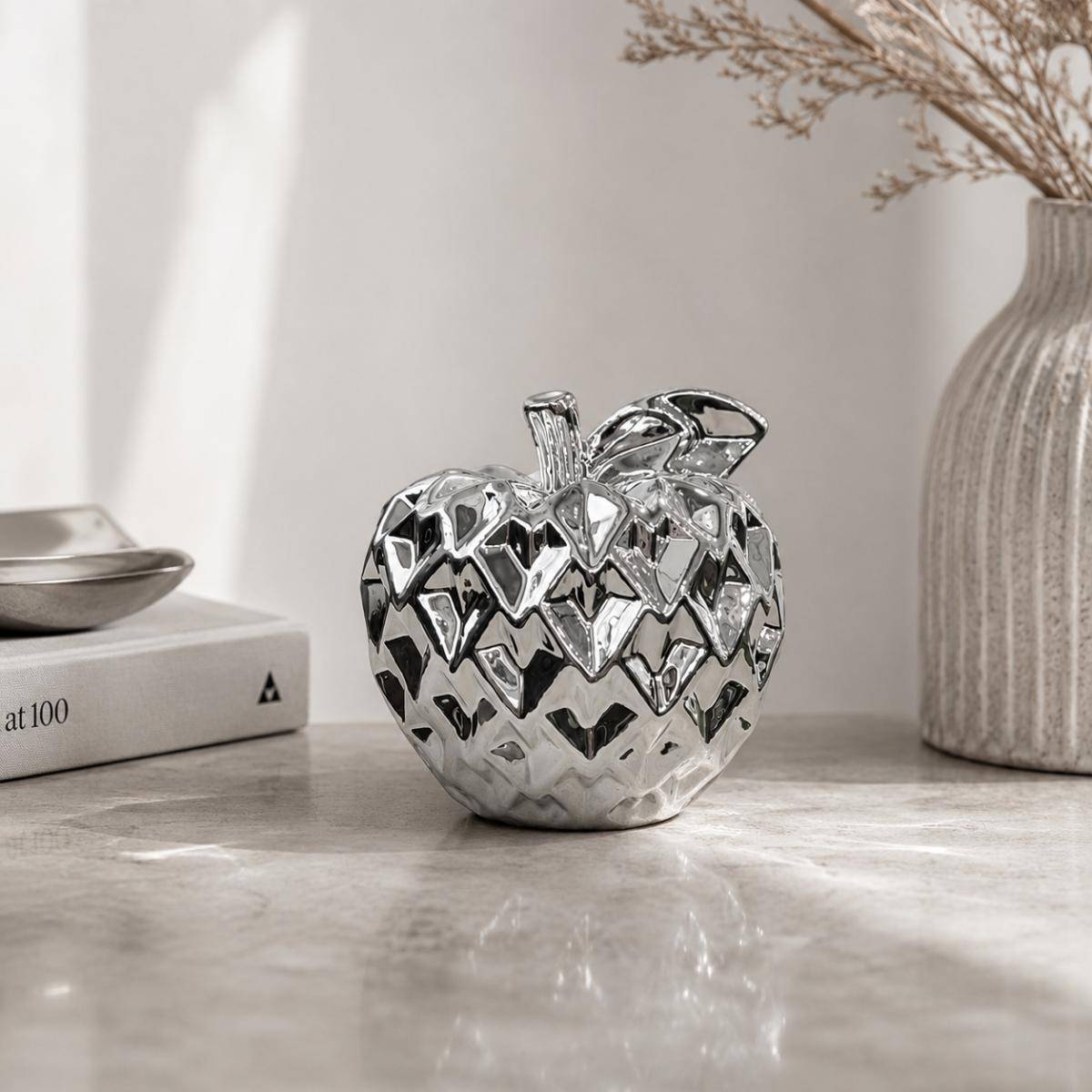 Silver Apple Sculpture – Modern Luxury Ceramic Décor, A311-3SL