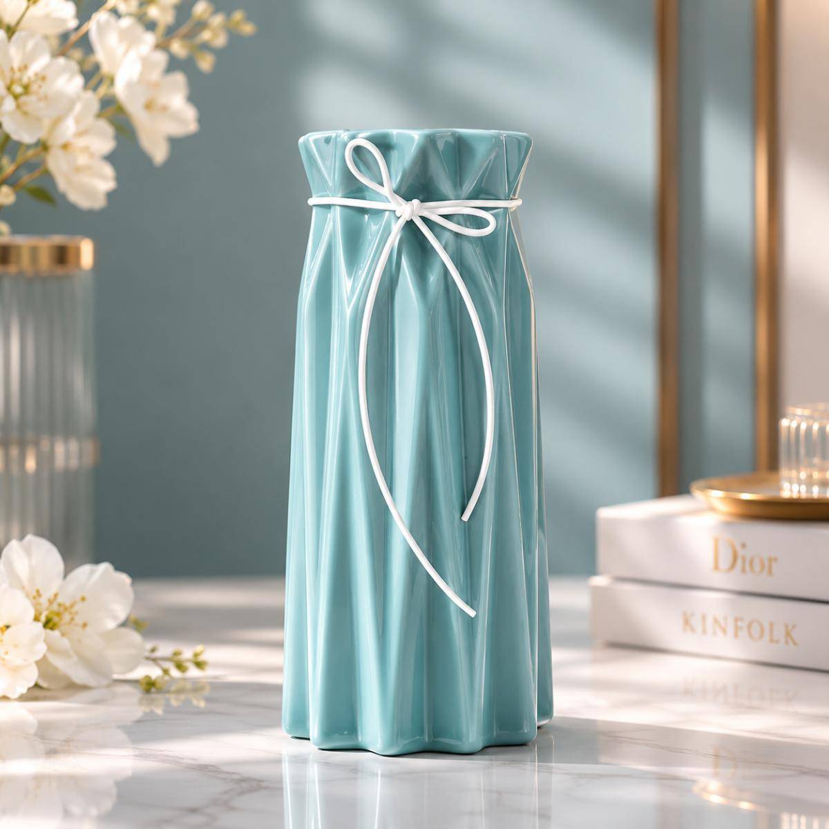 Modern Blue Ribbon Decorative Vase, KS-18-24BLU