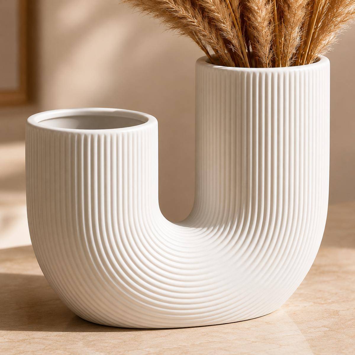 U-Shape White Ceramic Vase – Minimalist Modern Decorative Vase, SK874