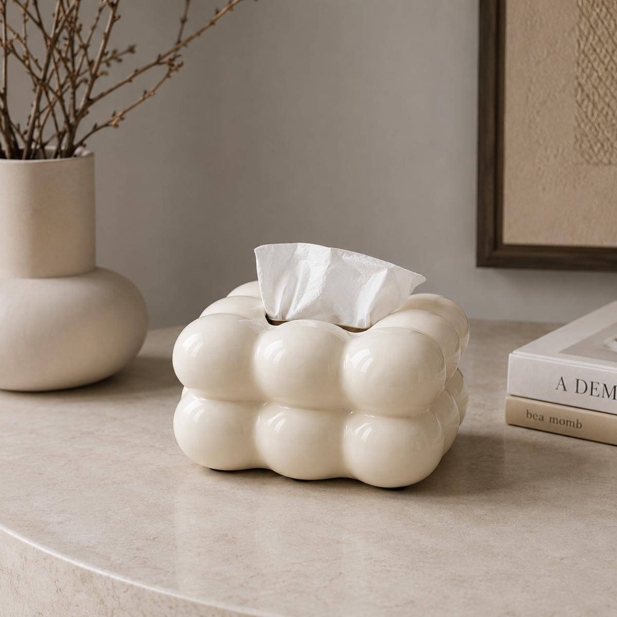 White Ceramic Tissue Box Cover – Refined Minimalist Decor Statement, SK867