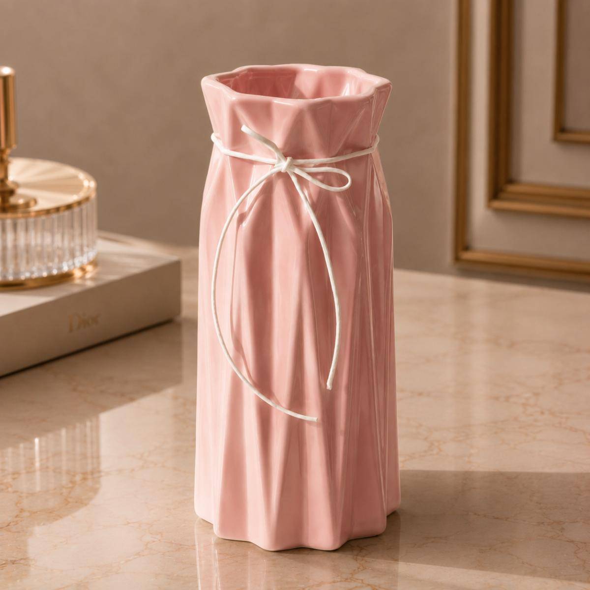 Blush Ribbon Vase 24 cm – Feminine Luxury Decorative Accent, KS-18-24PK