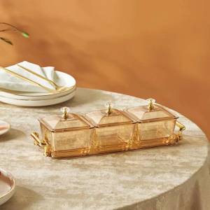 Karaca Maria 3-piece Decorative Serving Bowls Set With Lids And Tray - Amber
