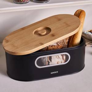 Karaca Stream 2-in-1 Bread Box And Cutting Board - Black | Steel And Bamboo Design