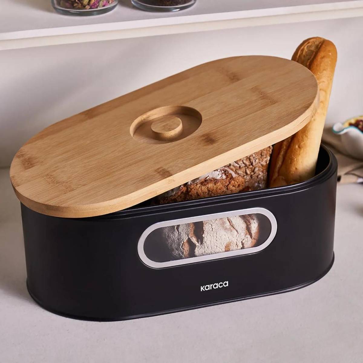 Karaca Stream 2-in-1 Bread Box And Cutting Board - Black | Steel And Bamboo Design