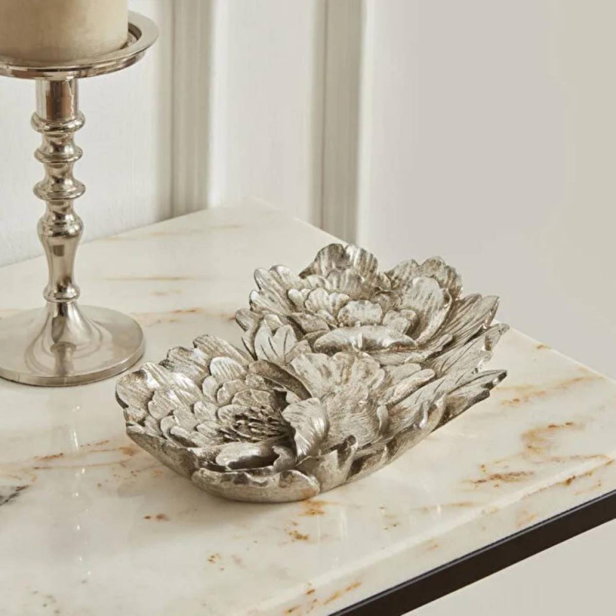 Karaca Home Lianca Decorative Plate 26x16 Cm - Silver Floral Design