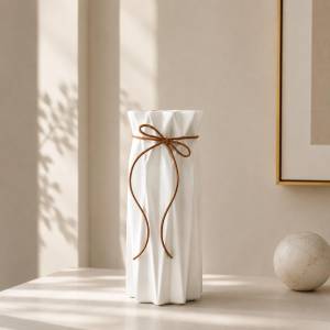 White Pleated Ceramic Vase with Leather Ribbon Accent 24 cm, KS-18-24WH