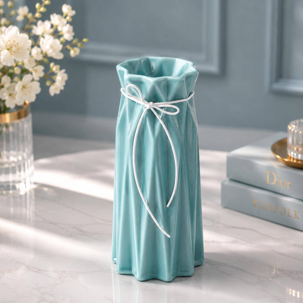 Modern Blue Ribbon Decorative Vase, KS-18-24BLU