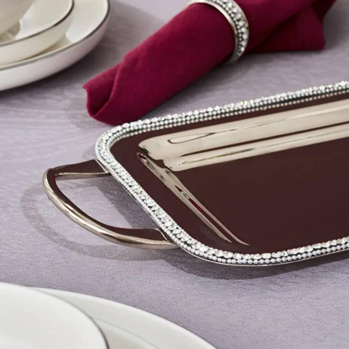 Karaca Home Majesty Luxury Silver Serving Tray - Stainless Steel With Crystal Beaded Detail