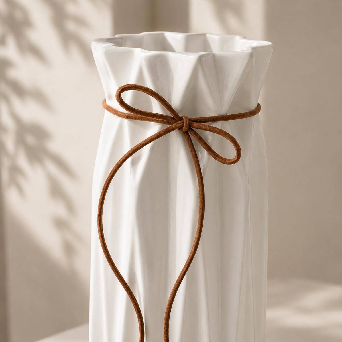 White Pleated Ceramic Vase with Leather Ribbon Accent 24 cm, KS-18-24WH