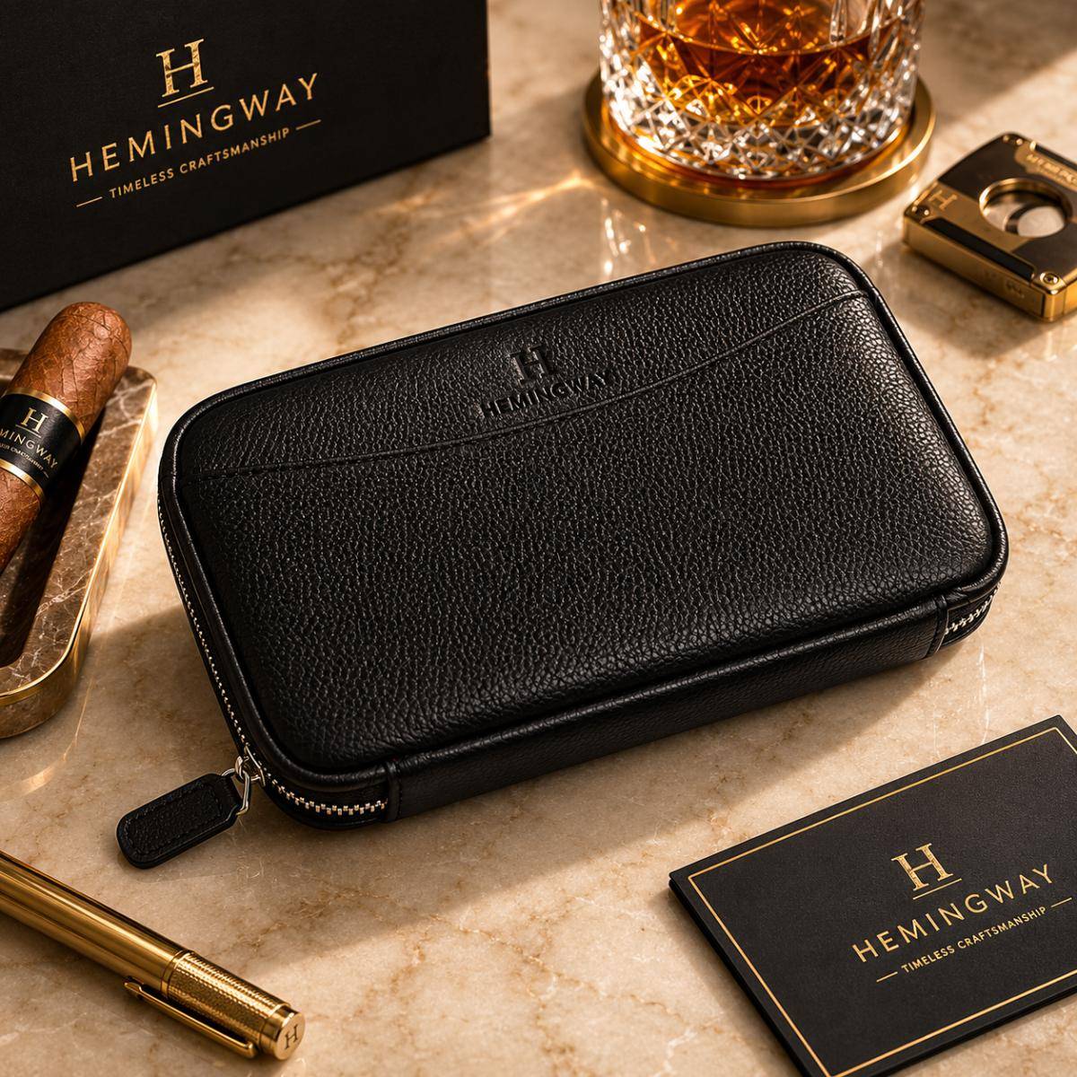 Hemingway Travel Leather Cigar Case – 5 Cigar Capacity, Hemtravelcaseblk