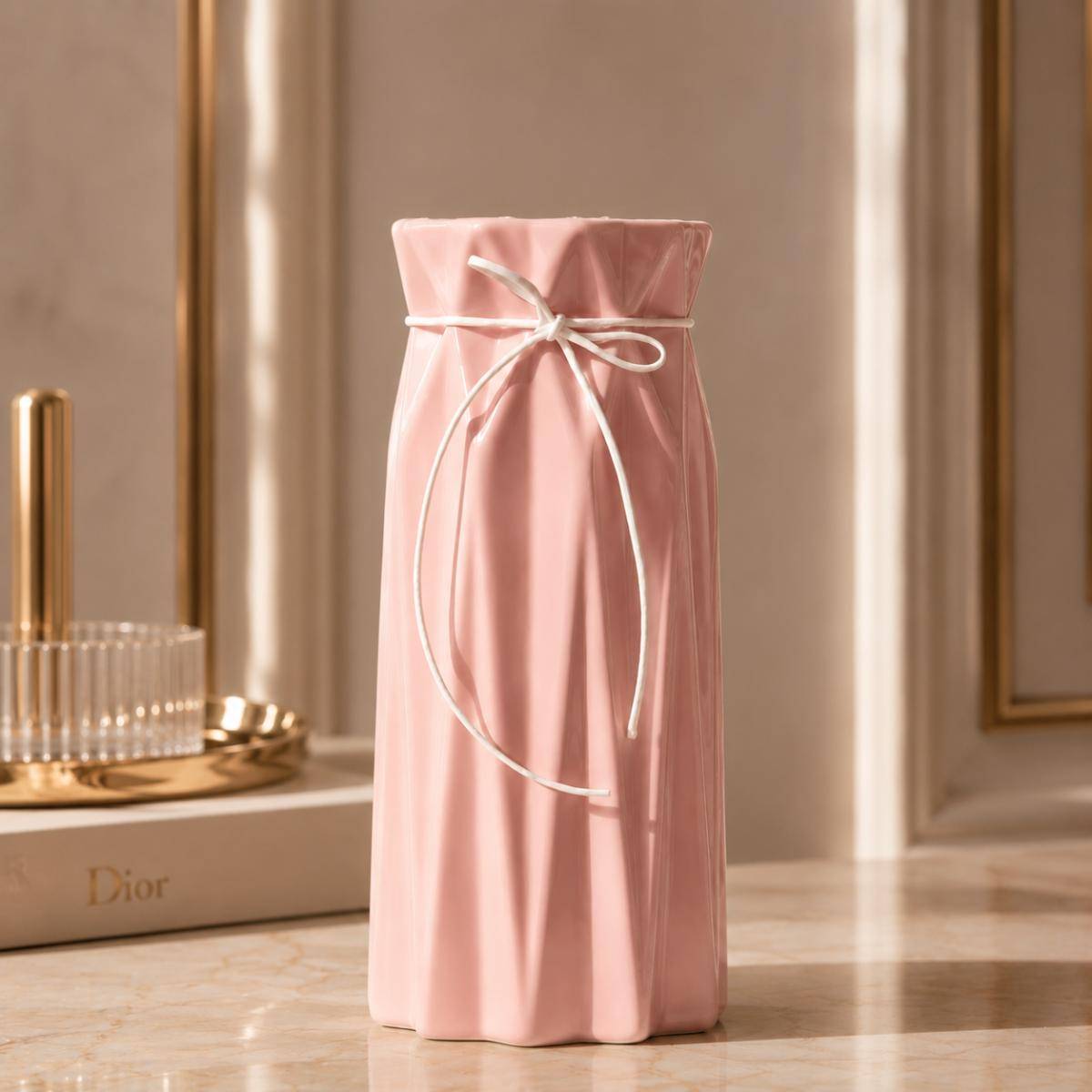 Blush Ribbon Vase 24 cm – Feminine Luxury Decorative Accent, KS-18-24PK