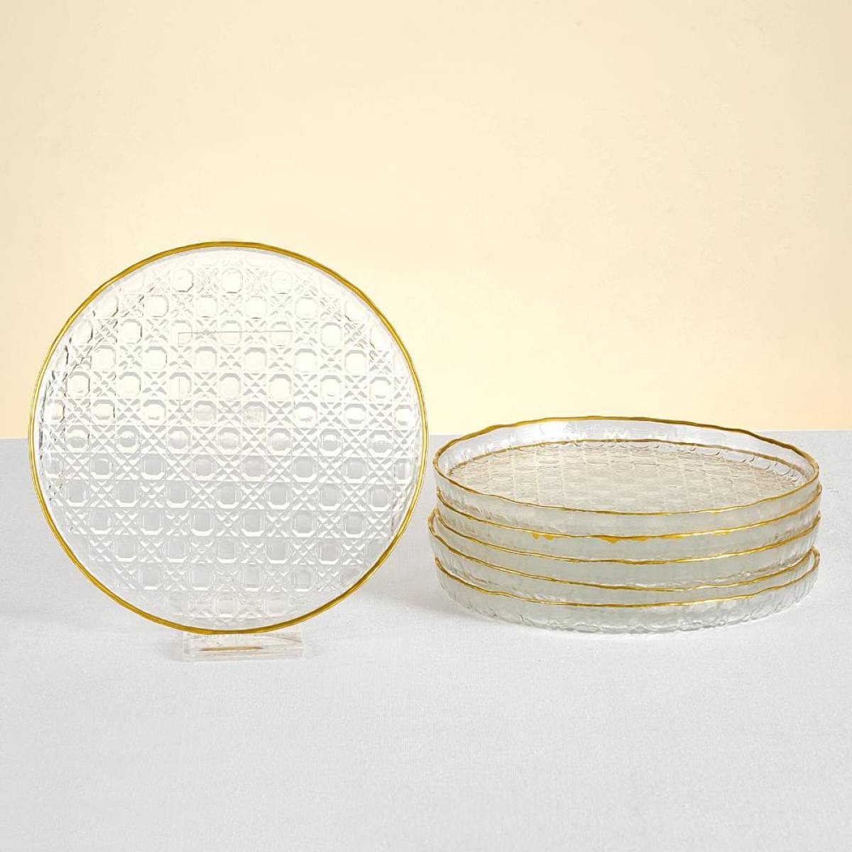 Karaca Hazeran 6-piece Glass Cake Plate Set - Gold Rim, 8683650393504