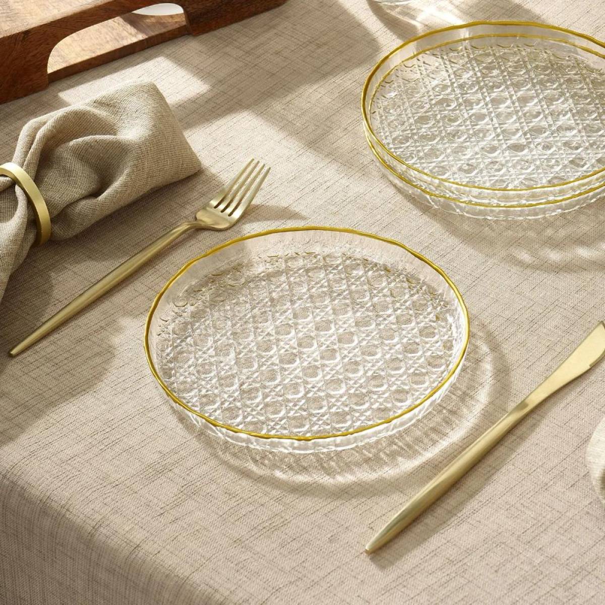 Karaca Hazeran 6-piece Glass Cake Plate Set - Gold Rim, 8683650393504