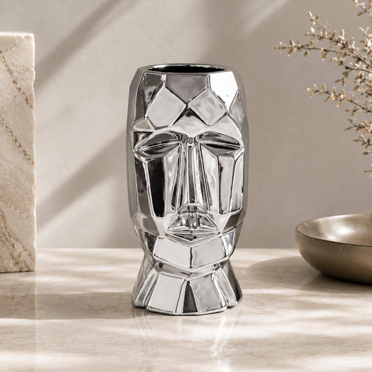 Silver Faceted Face Vase – Sculptural Luxury Décor, K057SL