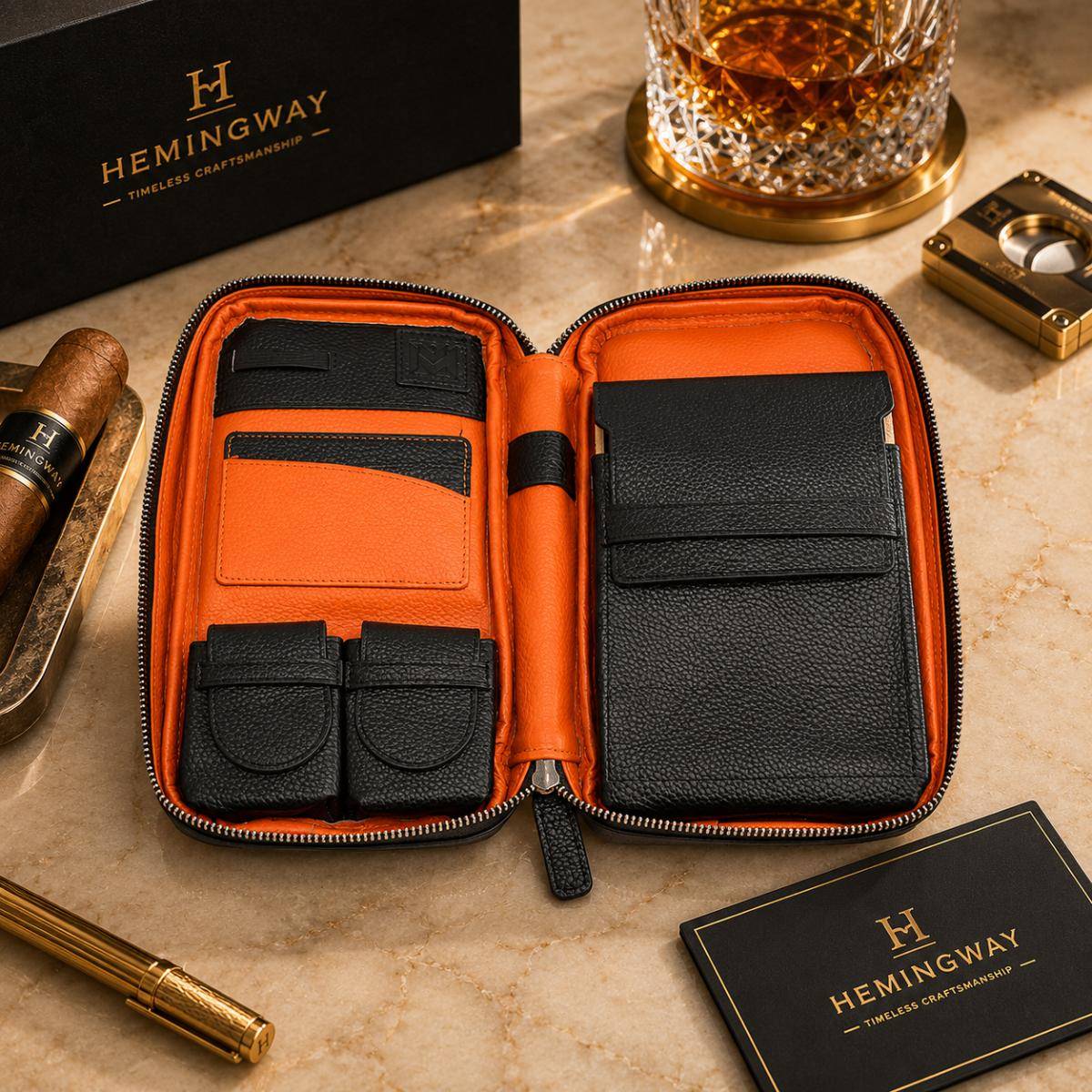 Hemingway Travel Leather Cigar Case – 5 Cigar Capacity, Hemtravelcaseblk