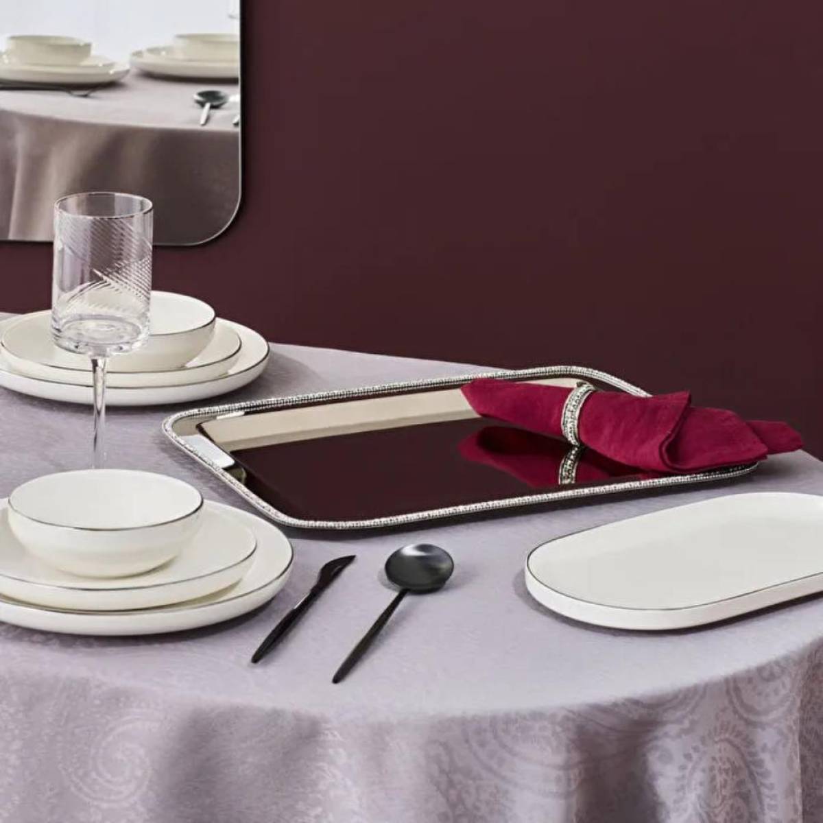 Karaca Home Majesty Luxury Silver Serving Tray - Stainless Steel With Crystal Beaded Detail