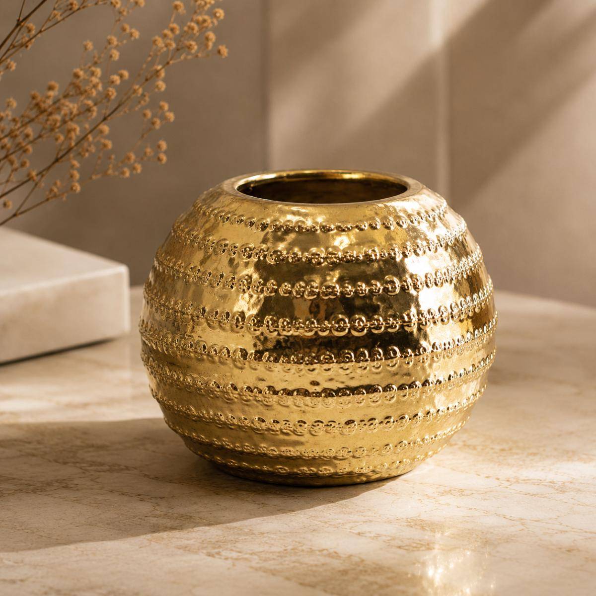 Lustre Orb Gold Ceramic Vase – Textured Metallic Finish, BX77-1