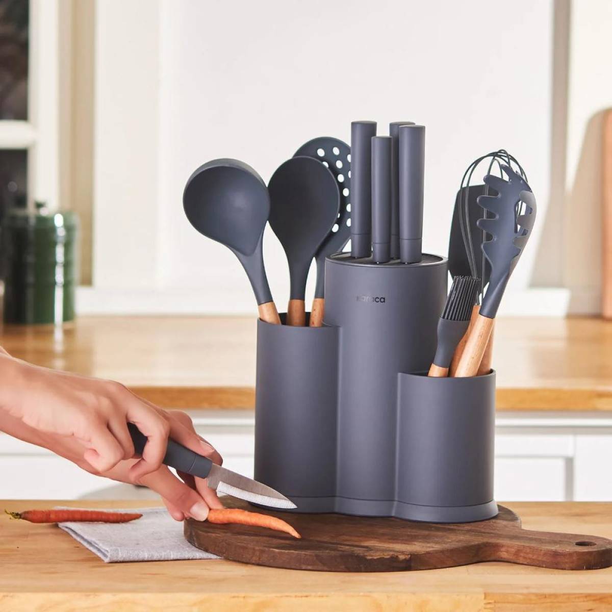 Karaca Burby 14-piece Knife And Serving Set - Grey | Soft Touch Block