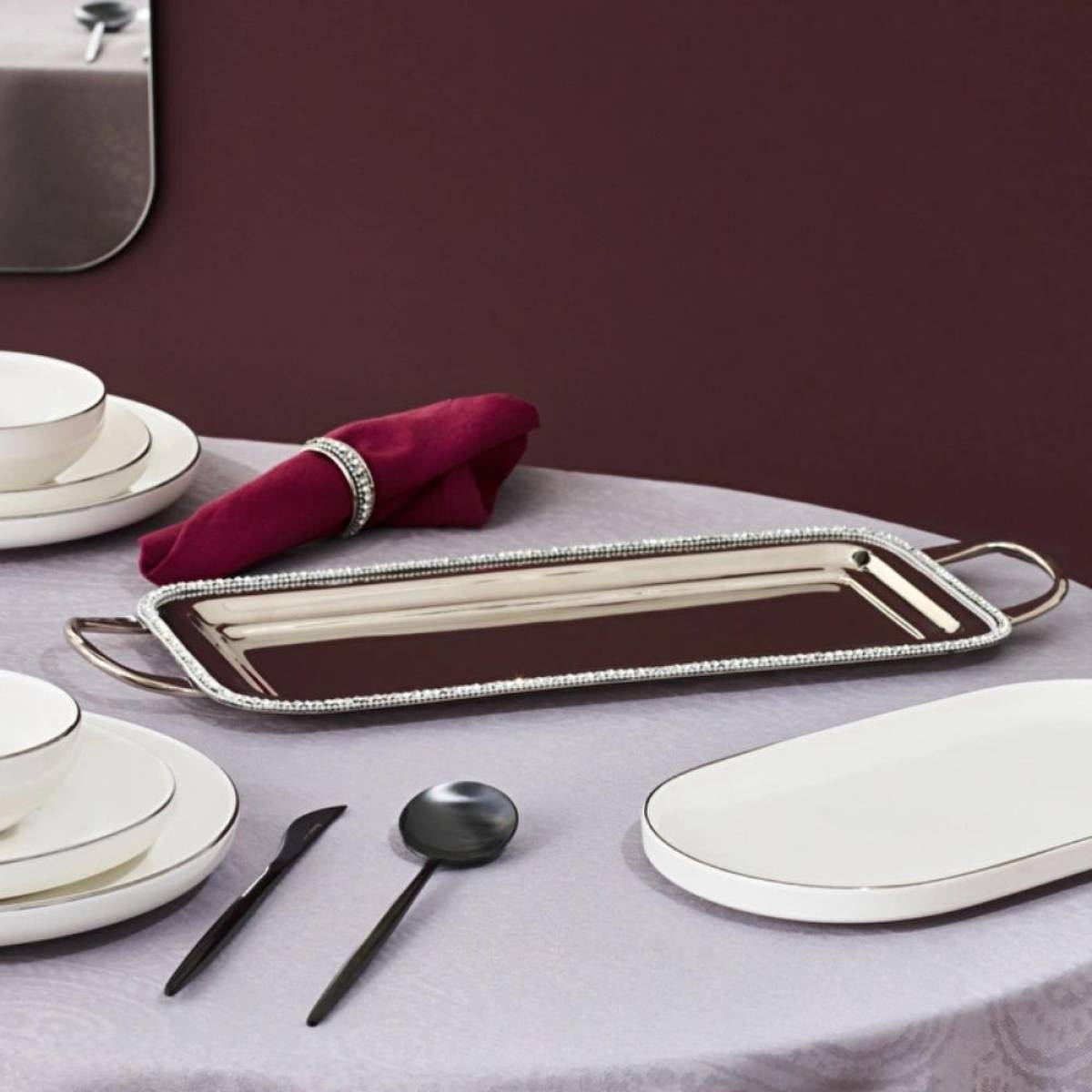Karaca Home Majesty Luxury Silver Serving Tray - Stainless Steel With Crystal Beaded Detail