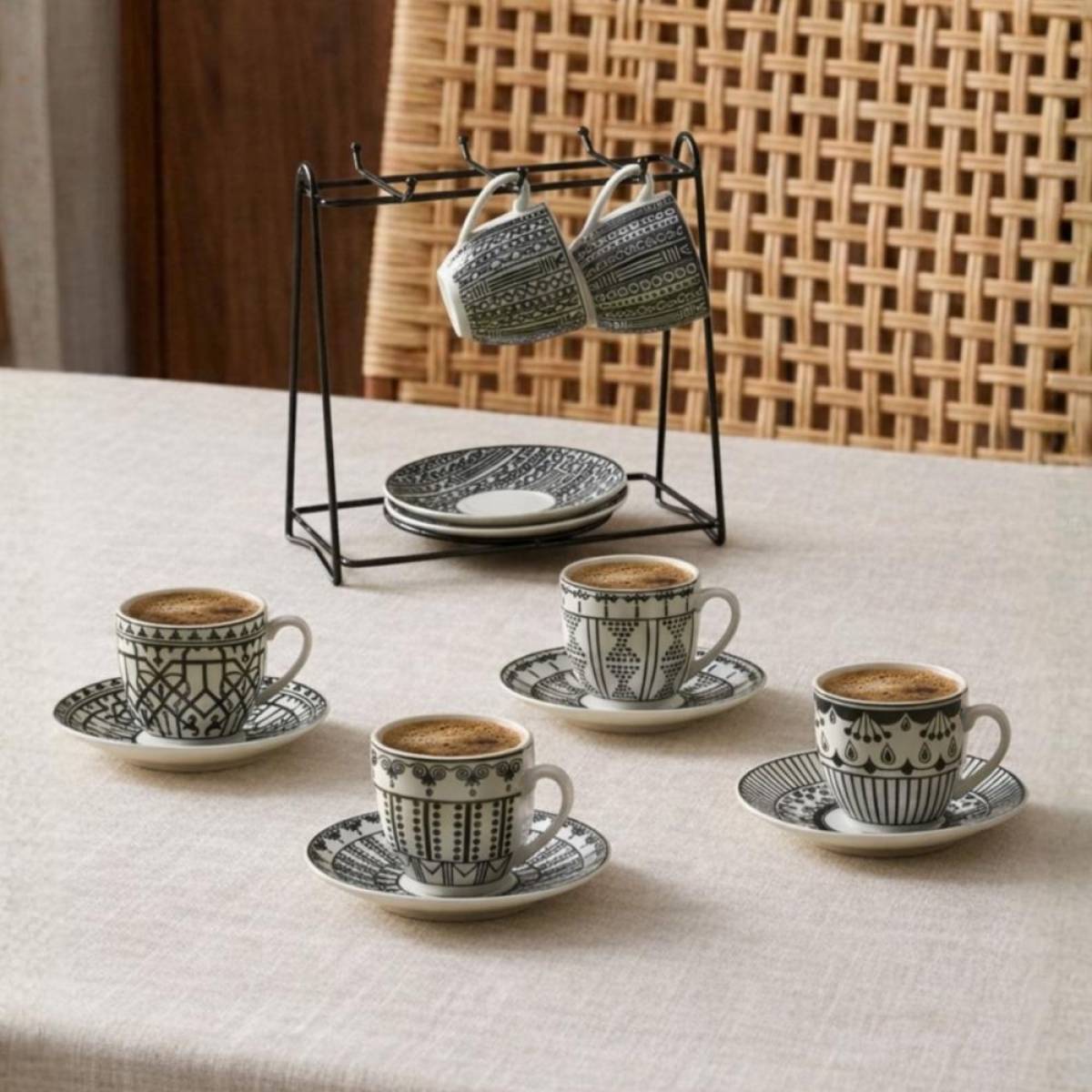Karaca Altos 6-piece Coffee Cup Set With Metal Stand - 90 Ml | Bone Porcelain