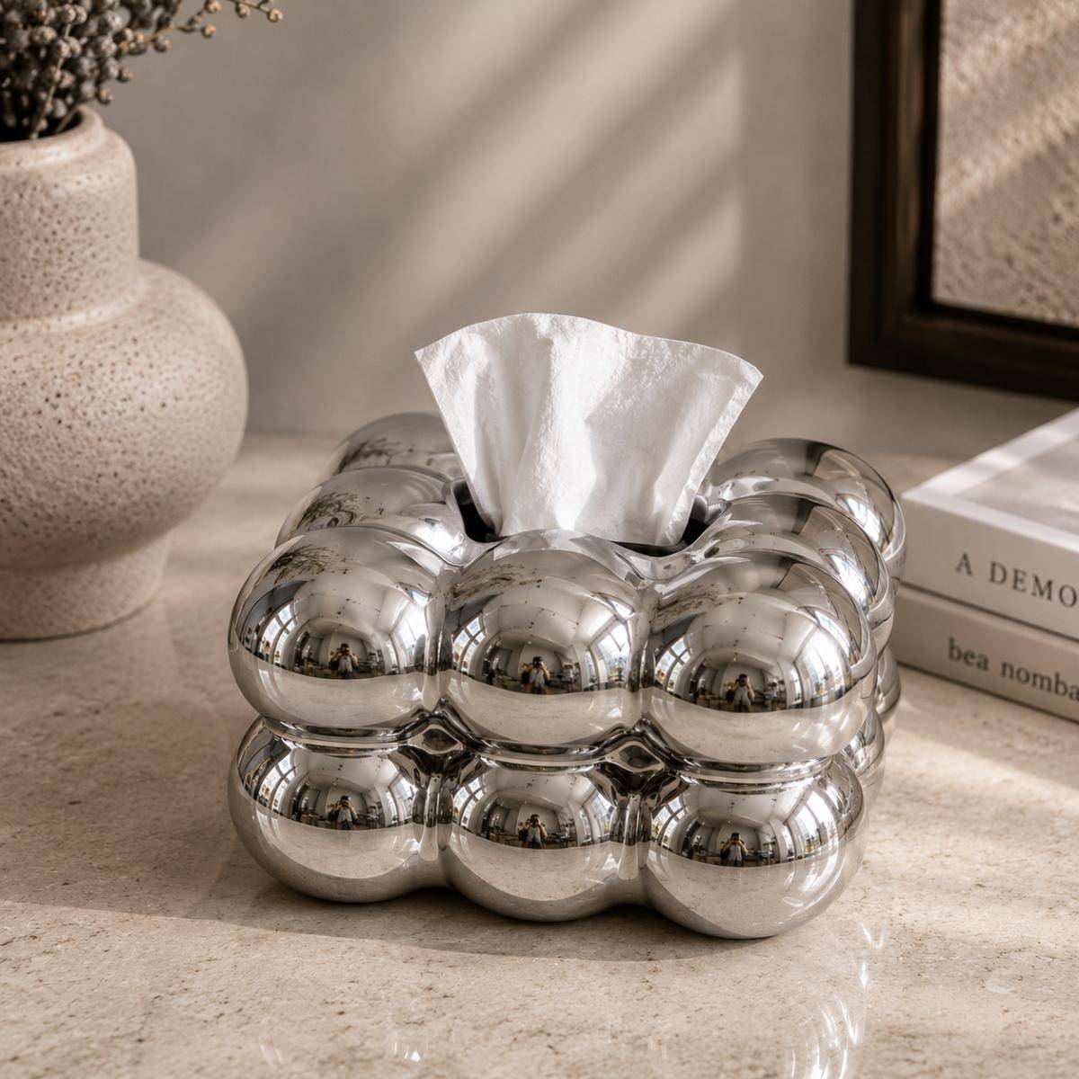 Silver Ceramic Tissue Box Cover – Refined Minimalist Decor Statement, SK868