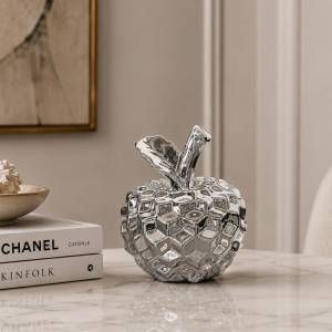 Luxe Reflective Apple Sculpture – Silver Ceramic Decorative Accent, 8878-2