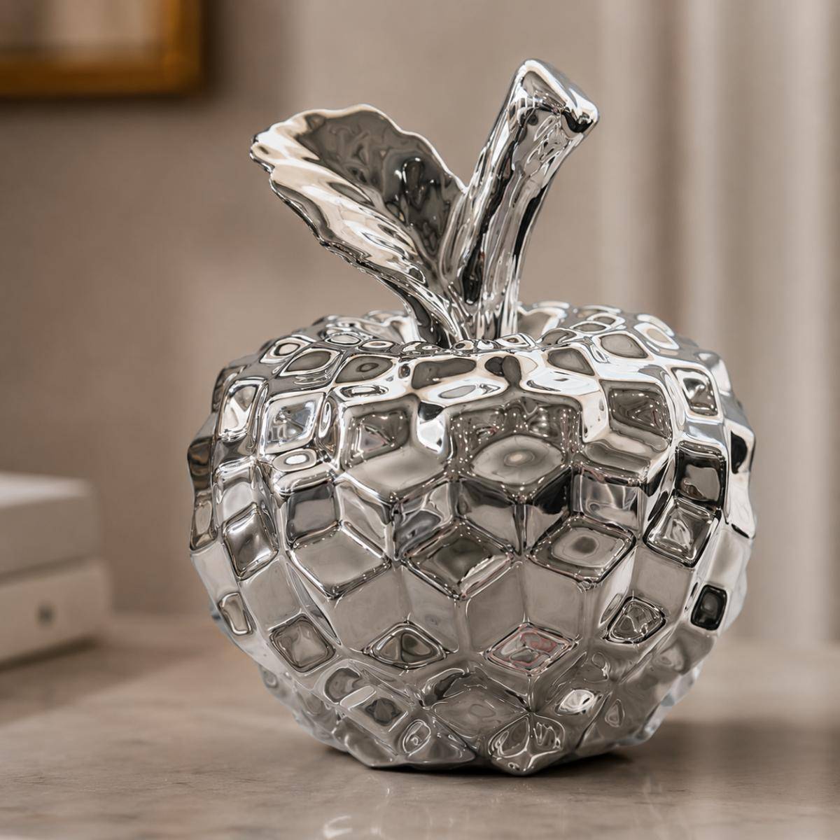 Luxe Reflective Apple Sculpture – Silver Ceramic Decorative Accent, 8878-2
