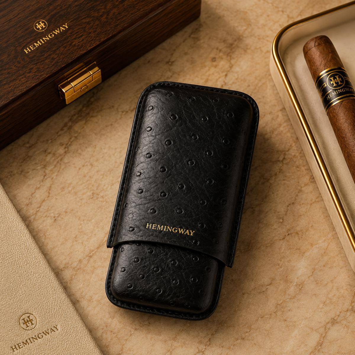 Hemingway Portable Cigar Case – 3 Cigars Holder Premium Leather Black, Hmw3pbk