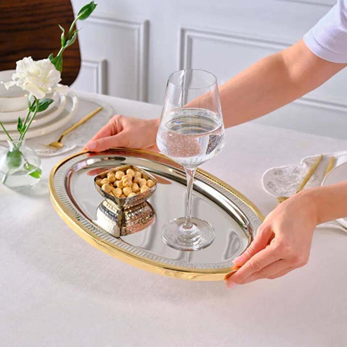 Karaca Ring Decorative Oval Tray 39×23 Cm - Silver/gold, 8683650362678