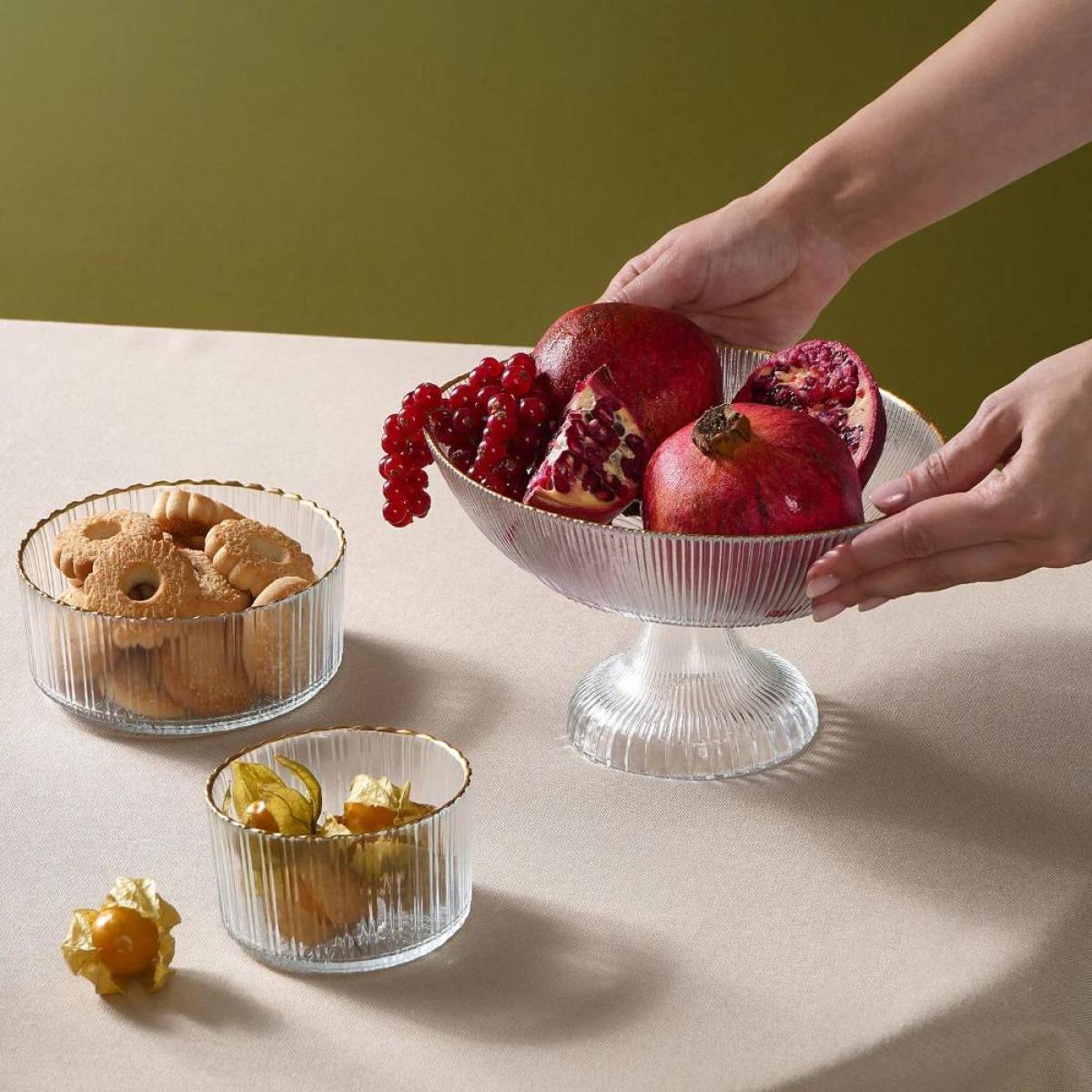 Karaca Pierre 3-piece Glass Serving Set - Plain Gold Gilded | Elegant Serving Stand, 153.09.01.3136