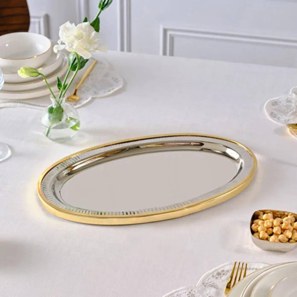 Karaca Ring Decorative Oval Tray 39×23 Cm - Silver/gold, 8683650362678