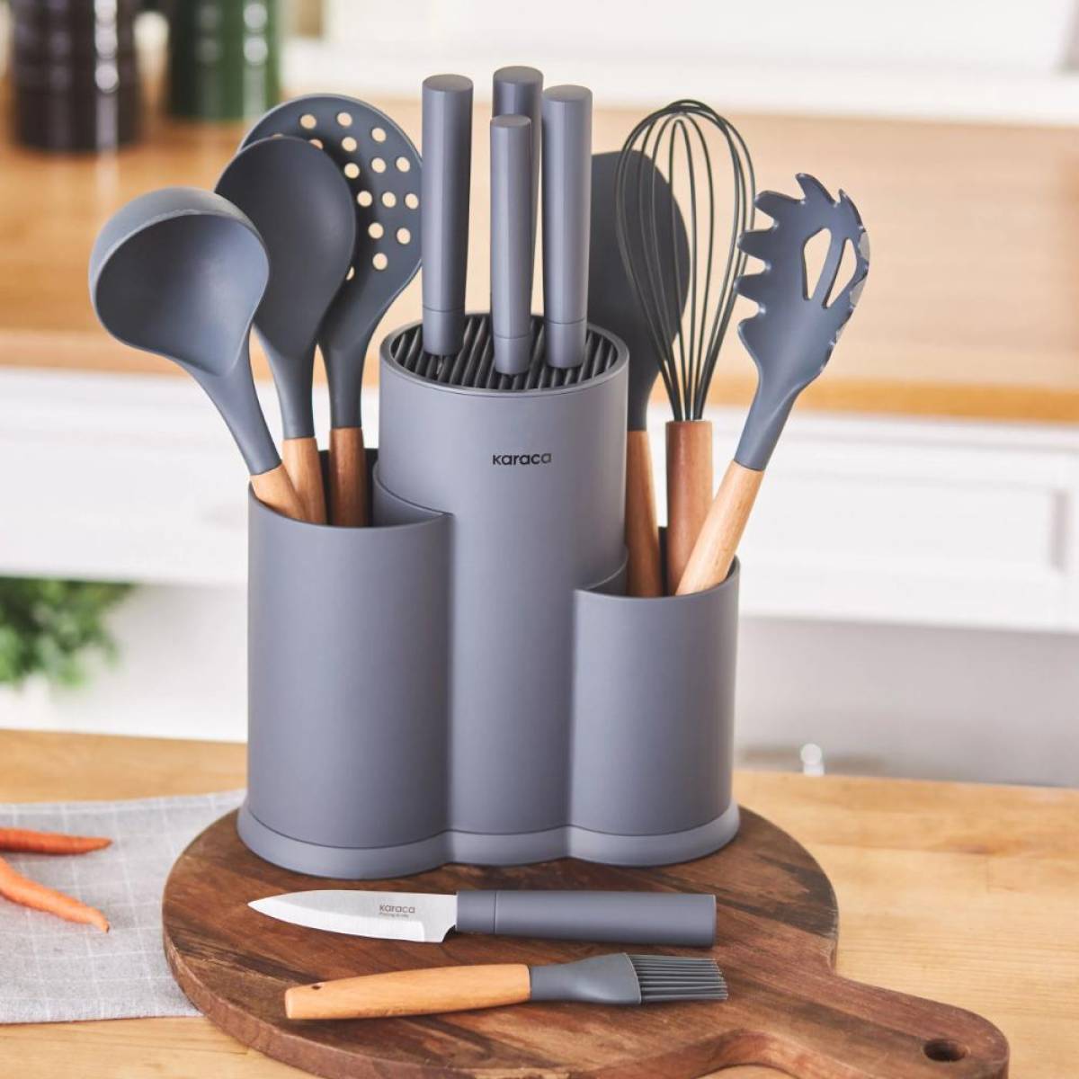 Karaca Burby 14-piece Knife And Serving Set - Grey | Soft Touch Block