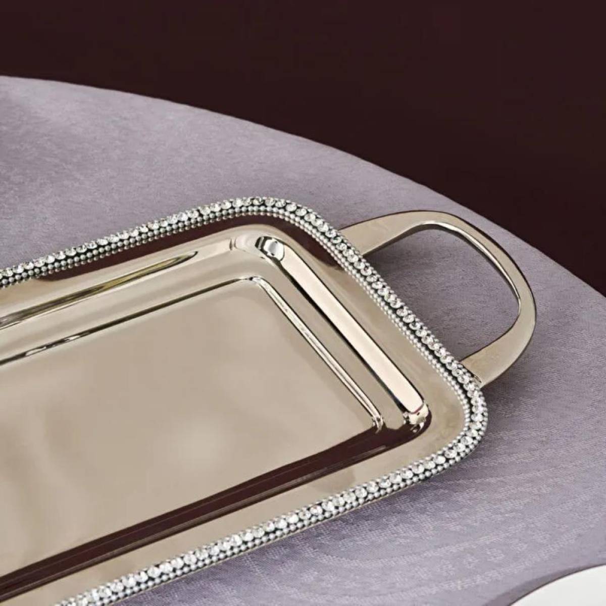 Karaca Home Majesty Luxury Silver Serving Tray - Stainless Steel With Crystal Beaded Detail