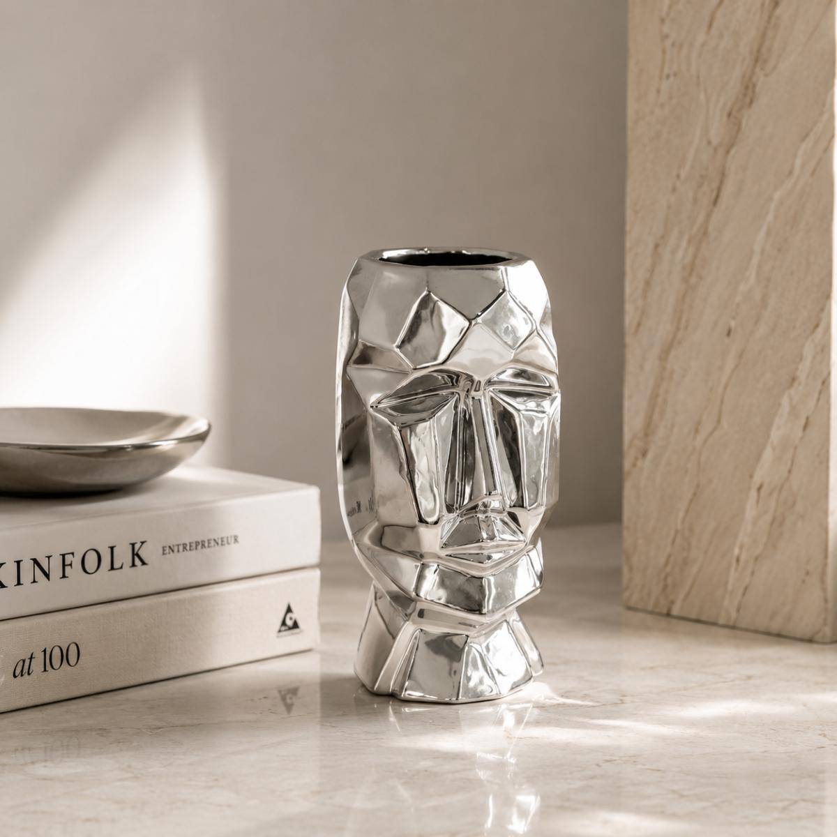 Silver Faceted Face Vase – Sculptural Luxury Décor, K057SL