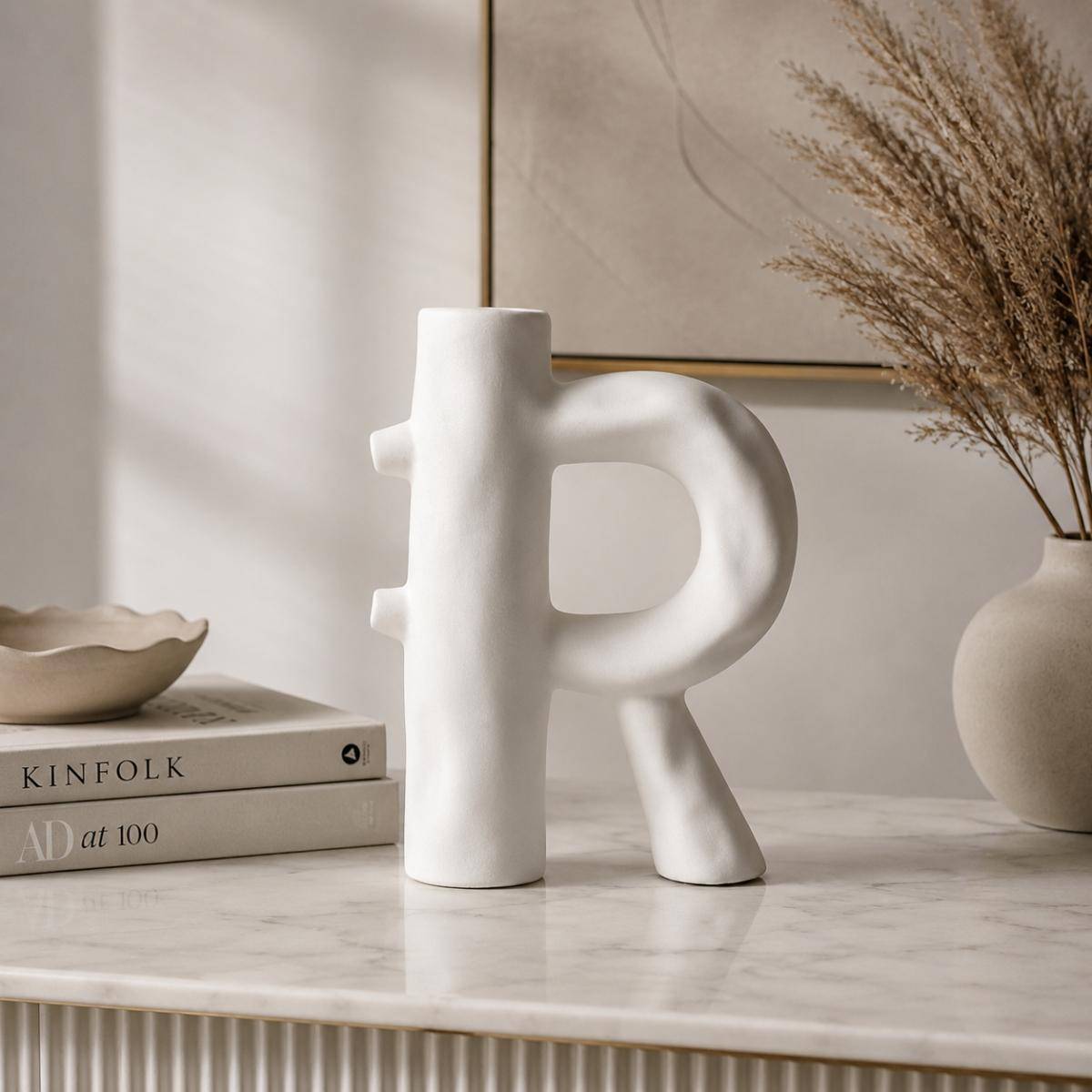 Letter -R- Ceramic Decorative Vase, – Textured Modern Sculptural Design, SK876