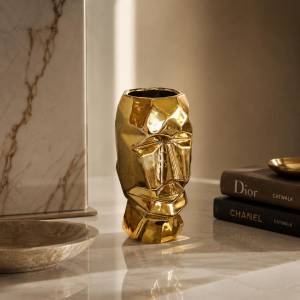 Golden Faceted Face Vase – Sculptural Luxury Décor, K057GD