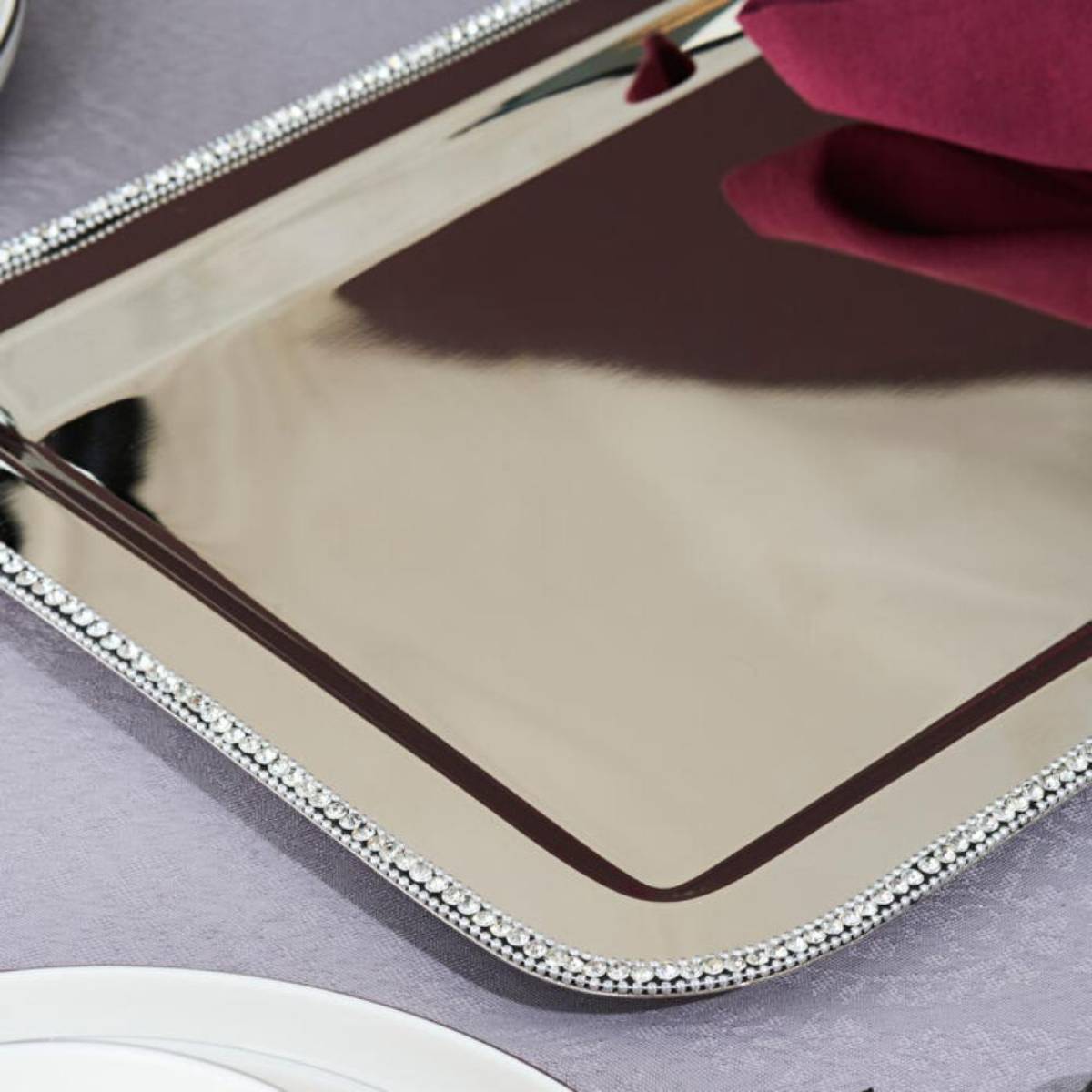 Karaca Home Majesty Luxury Silver Serving Tray - Stainless Steel With Crystal Beaded Detail