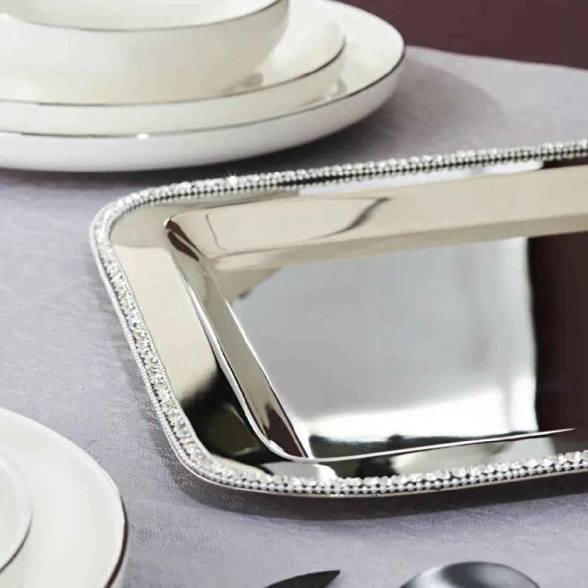Karaca Home Majesty Luxury Silver Serving Tray - Stainless Steel With Crystal Beaded Detail