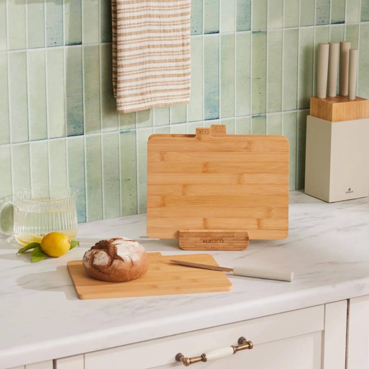 Karaca Arel 4-piece Bamboo Cutting Board Set | With Storage Holder