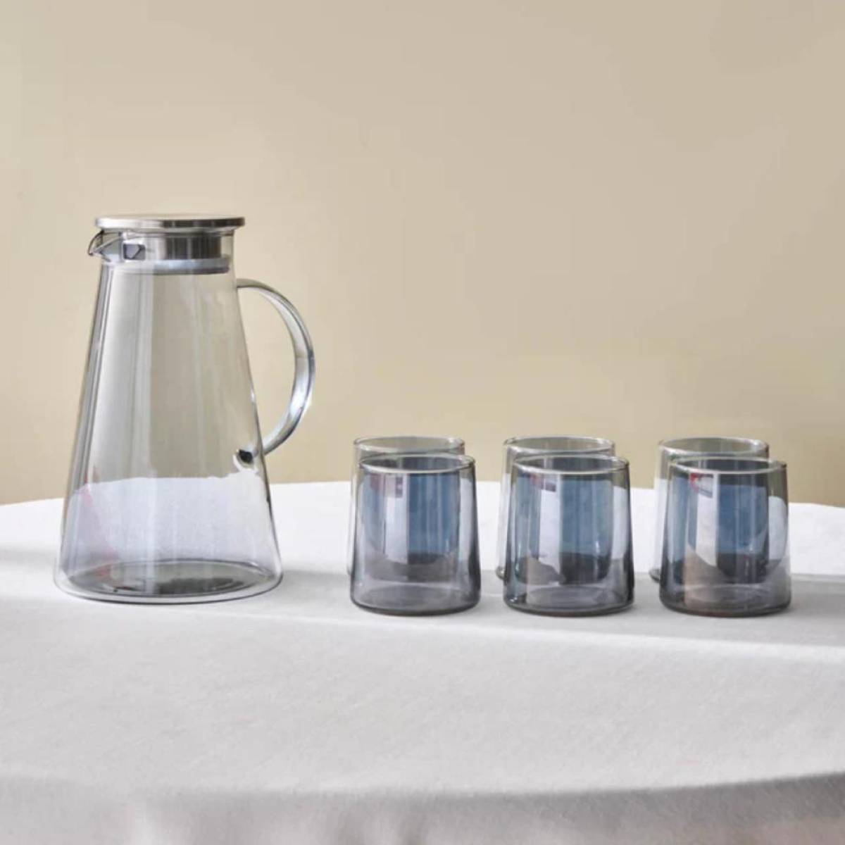 Karaca Serene 7-piece Tumbler Glass Set - Anthracite | 1.8 L Carafe Set