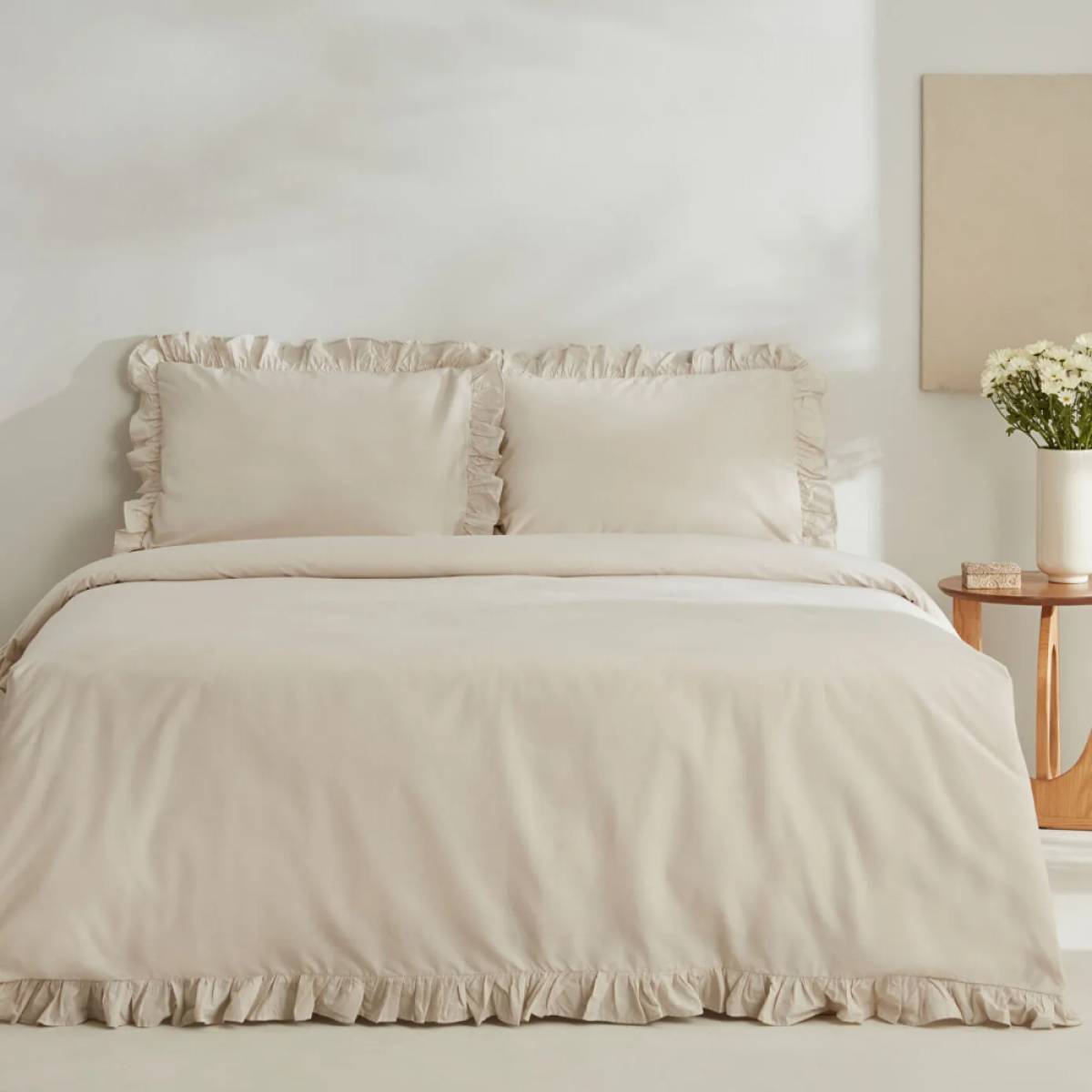 Karaca Home Pure Ruffle 100% Cotton King Size Ruffle Duvet Cover Set - Ecru, 200.22.05.0298