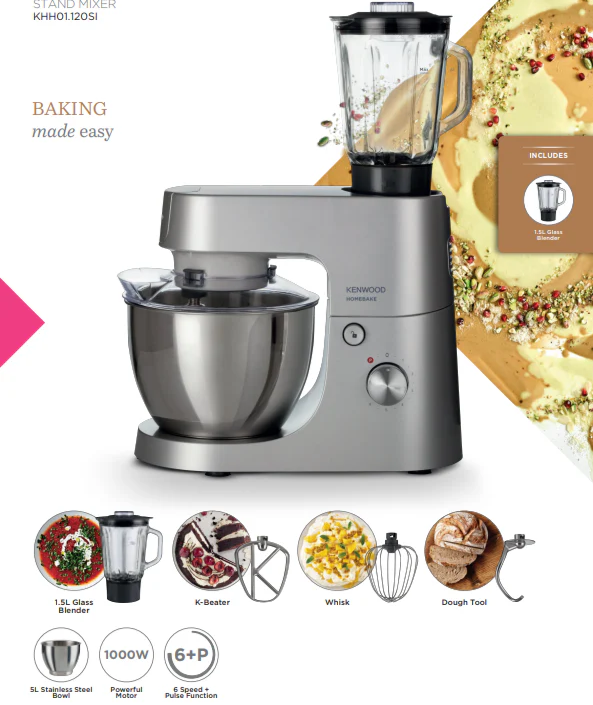 Kenwood Homebake Stand Mixer + Blender Silver Kitchen Machine Khh01.120si