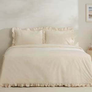 Karaca Home Pure Ruffle 100% Cotton King Size Frilled Duvet Cover Set - Light Beige, 8680214362907