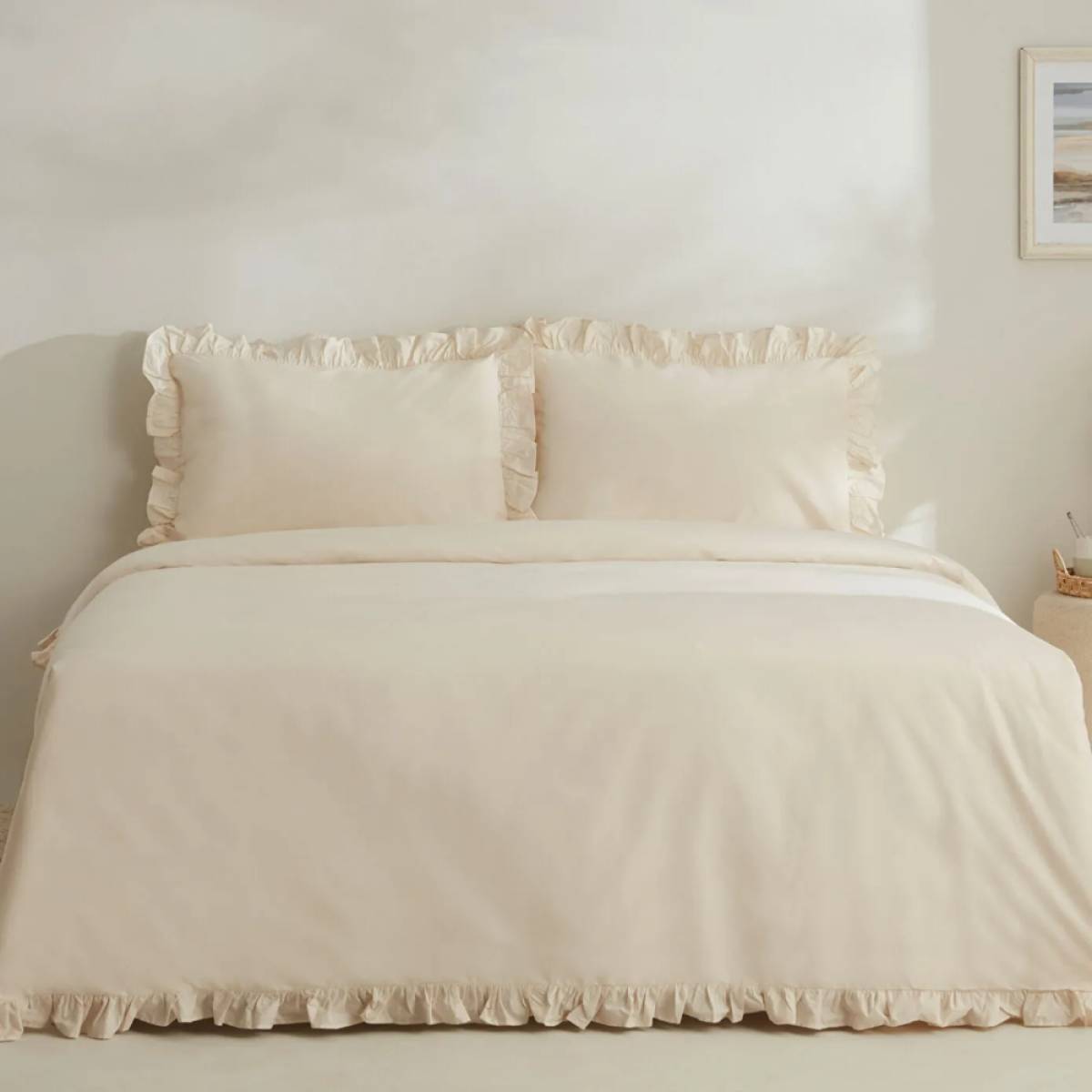 Karaca Home Pure Ruffle 100% Cotton King Size Frilled Duvet Cover Set - Light Beige, 8680214362907
