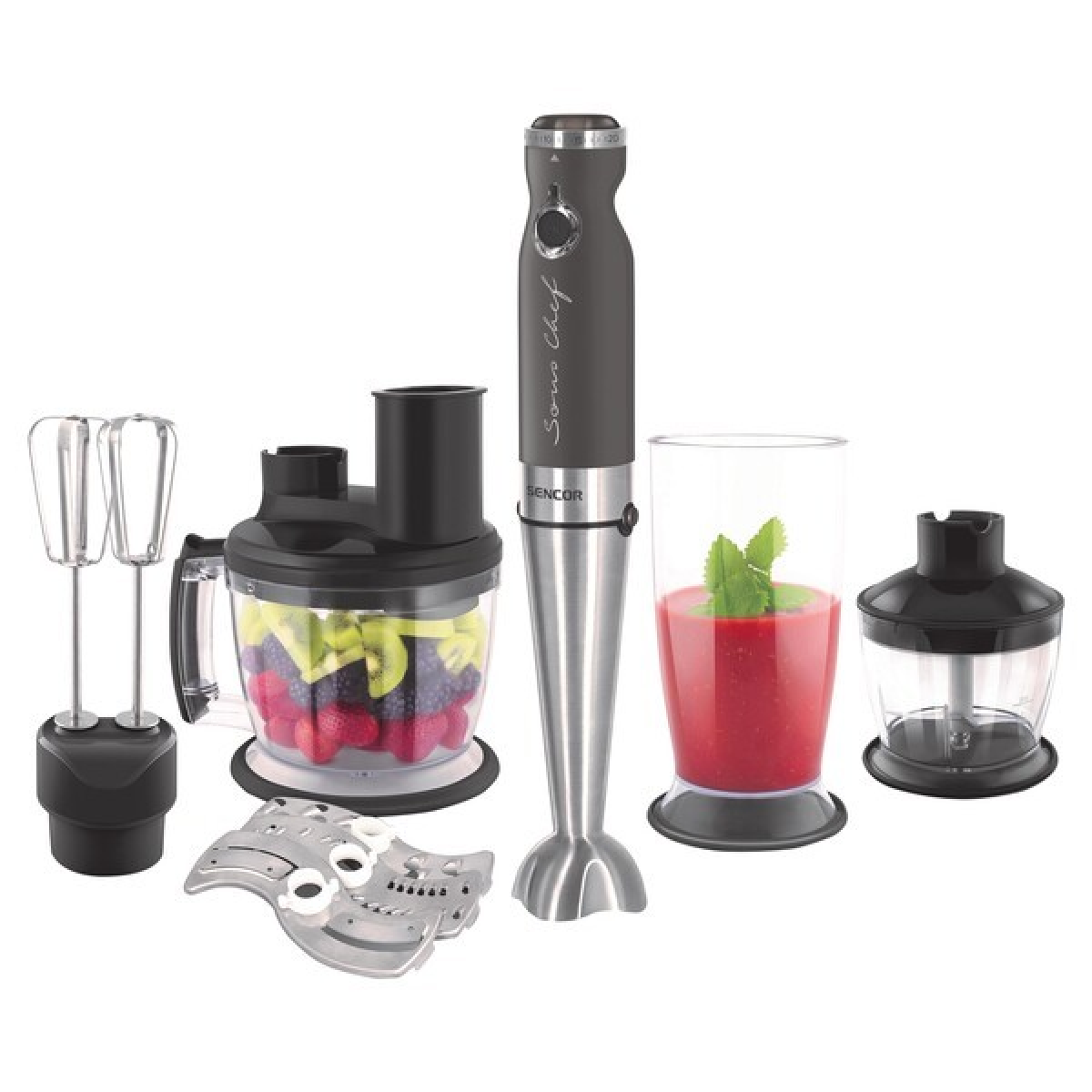Sencor 1200w, Titanium Blades, 2 Speeds + Turbo, Includes Chopper, Whisk, And Beaker.